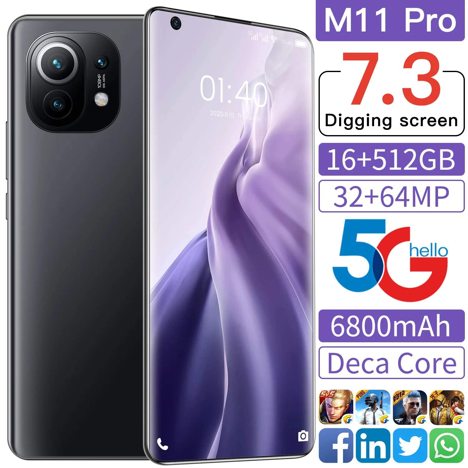 Xiao-tel&eacute;fono inteligente M11 Pro versi&oacute;n Global, Smartphone con pantalla de 7,3 pulgadas, 865 Snapdragon, c&aacute;mara cu&aacute;druple trasera de 64MP, 16GB + 512GB, Android 11,0, en Stock-4
