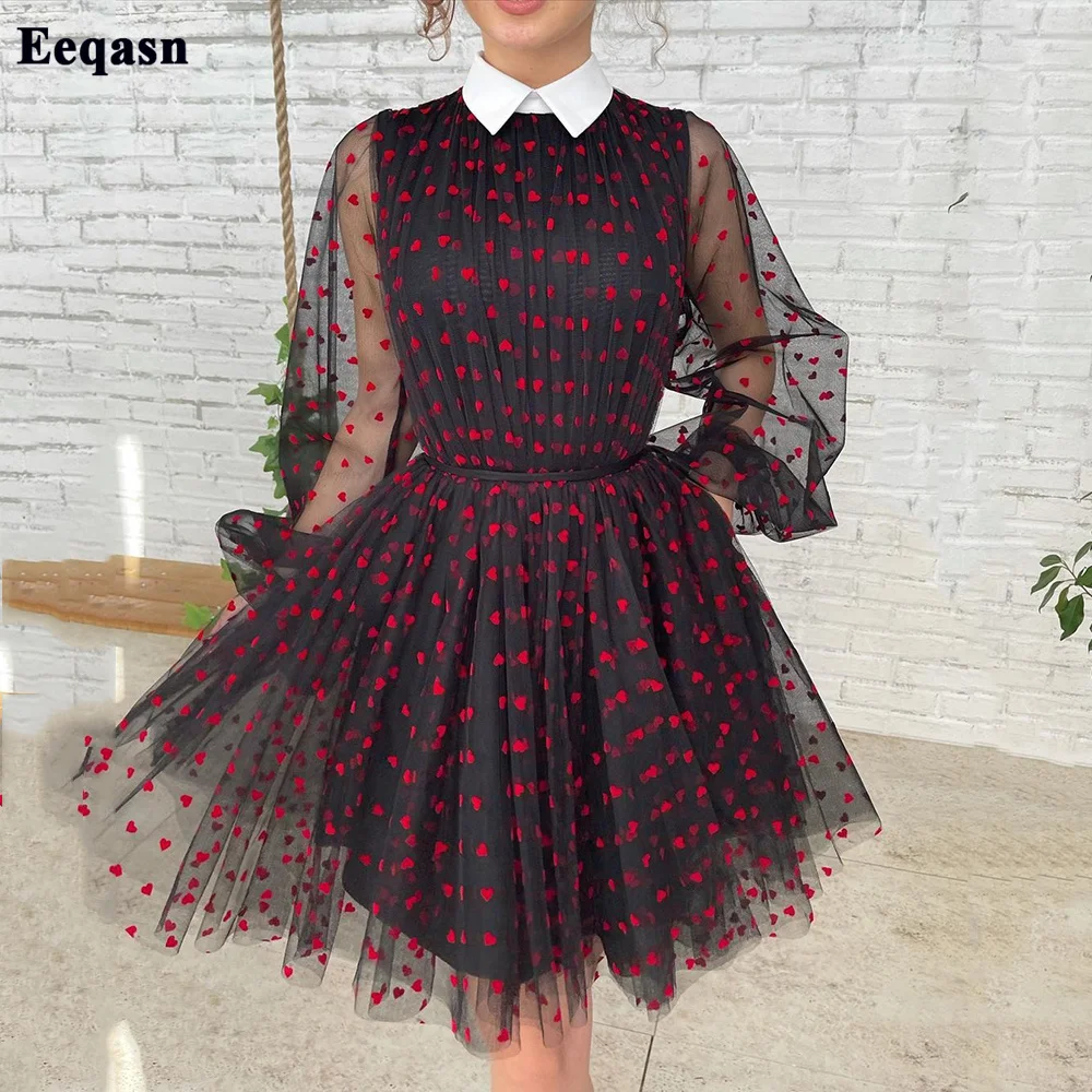 

Eeqasn Black with Red Heart Short Prom Dress Long Pufff Sleeves Junior Homecoming Dresses Knee Length Women Evening Party Gowns