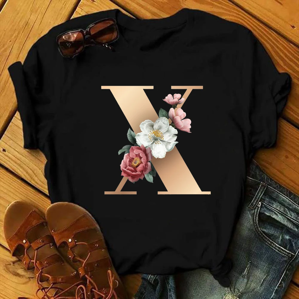 

Women Casual Black Short Sleeve Tshirts Summer New Fashion Vogue 26 English Alpabet Letters Flowers Printed T-shirt Girls Tops