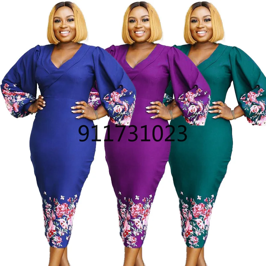 

African Dresses for Women 2021 New Summer African Women V-neck Printing Polyester Dress African Clothes
