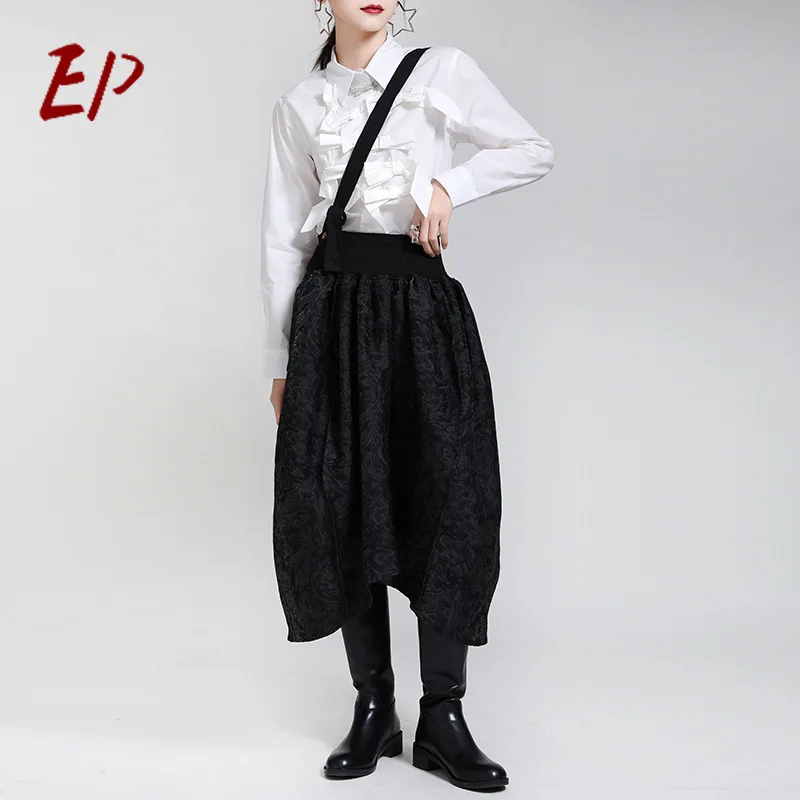 

EP Official Store 2021 Bud Skirts And Shoulder Strap Knee-Length Long Solid High Street Plus Size Black Skirt