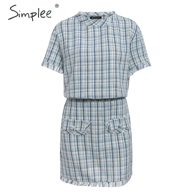Простое Элегантное женское платье в клетку весеннее из двух предметов с круглым