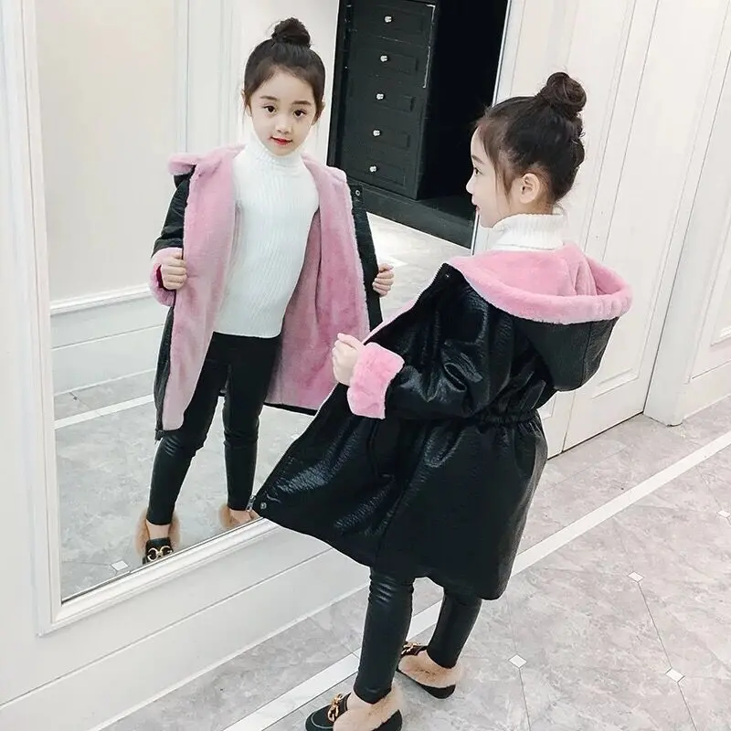

Fashion Long Kids Hooded Jacket Girls Warm Winter Coat Thickened PU Faux Fur Coat for Girl Outerwear Girls Clothes 4-12 Years