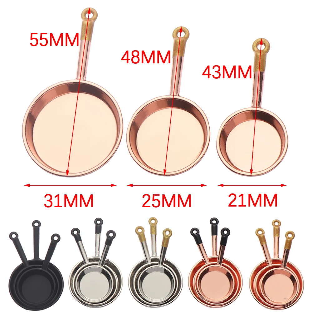 

3Pcs/Set 1:12 Scale Miniature Cookware Mini Dollhouse Playing House Kitchen Furniture Frypan Saucepan Model Doll Accessories