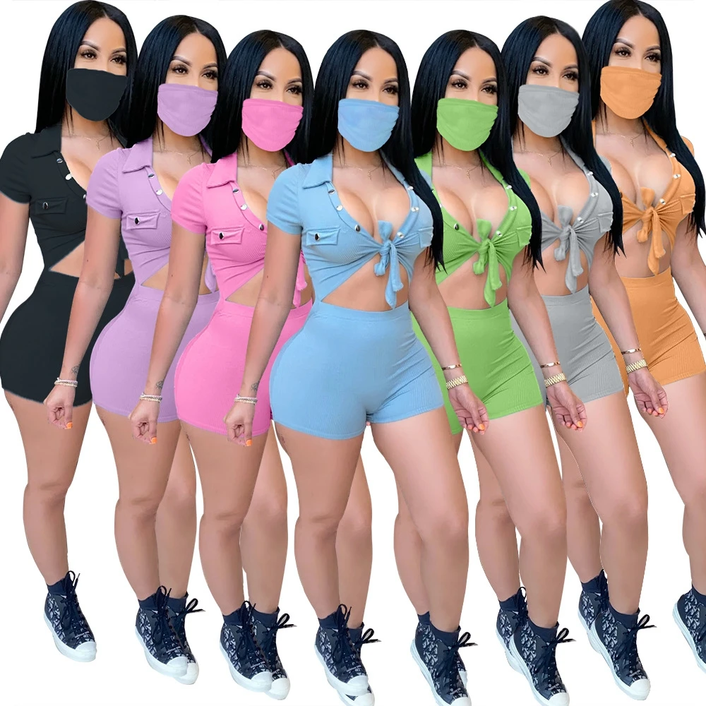 

OMILKA Sporty Bodysuits with Mask 2020 Summer Women Short Sleeve Turtleneck Button Ribbed Hollow Out Work Out Playsuit Jumpsuit