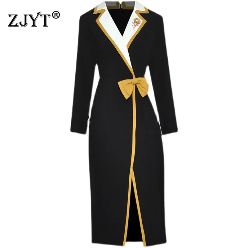 

2022 Spring Runway Designer Elegant Office Lady Formal Business Dress Women Bowknot Hit Color Slim Straight Vestidos Party Robe