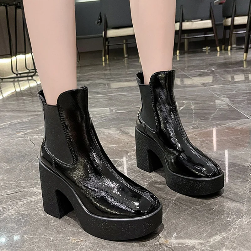 

Rimocy Patent Leather High Heels Chelsea Boots Women Elastic Slip on Chunky Platform Ankle Boots Woman Thick Heel Booties Mujer