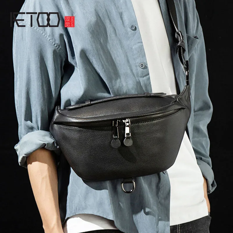 AETOO Men's leather chest bag, multi-functional trendy waist bag, large-capacity casual diagonal bag