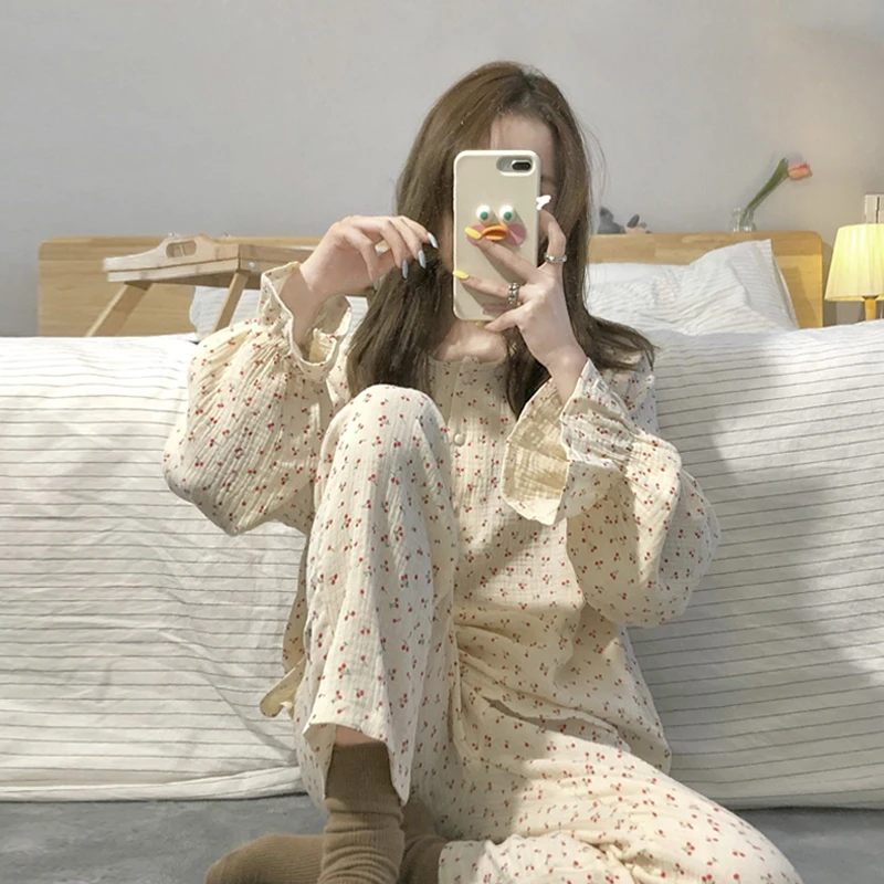 

Пижама в стиле INS с цветочным рисунком, Новинка весна-осень 2021, популярный милый тонкий домашний костюм в японском стиле