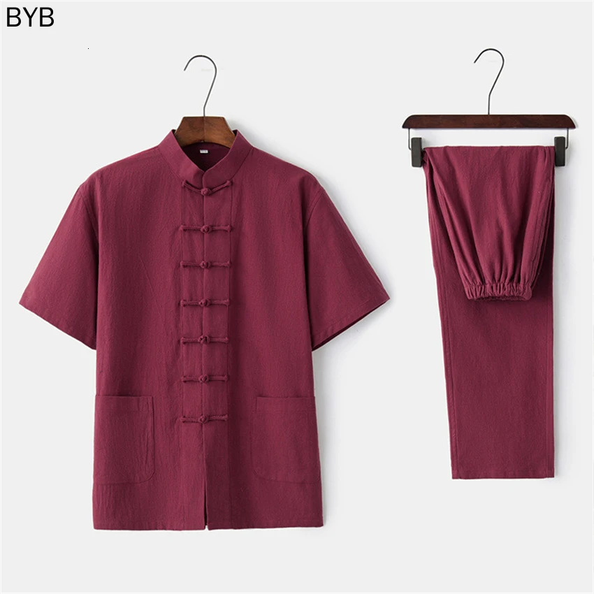 Китайский традиционный комплект одежды мужская летняя льняная рубашка с пряжкой