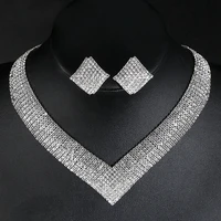 luxury crystal bridal wedding jewelry sets african beads silver color rhinestone women girls necklace sets engagement party gift