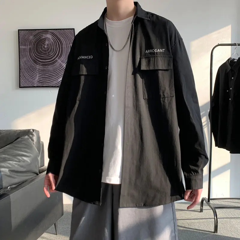 

2021 Spring And Autumn New Youth Popular Men's Loose Solid Color Simple Pocket Design Long Sleeve Shirt Fashion Casual Top
