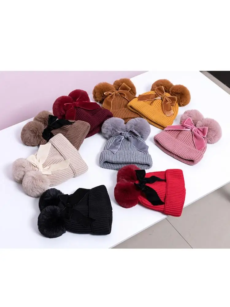 

Baby Double Pompom Hat Winter Knitted Kids Girl Warm Bonnet Children Beanie Cap Q1FE