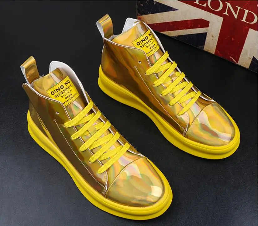 High quality Men's platform loafers gold Casual Flats Shoes designer brand Male Prom students board white shoes