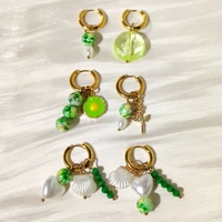 asymmetric green beads golden rose hanging earring for women stainless steel cute flower small hoop earrings fashion jewelry new