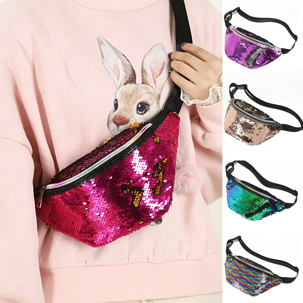 

Women Reversible Mermaid Sequins Travel Waist Fanny Pack Holiday Money Belt Wallet Glitter Bum Bag Pouch Red Green Purple