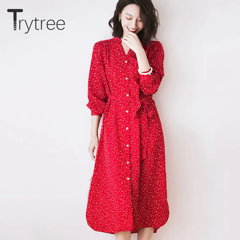 Женское Повседневное платье Trytree повседневное однобортное до середины икры с v