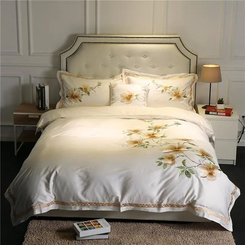 

Luxury Bedding set Embroidery 60S Egypt Cotton Queen/King Size Tribute Silk Bed set Duvet Cover Bedsheet Pillowcase