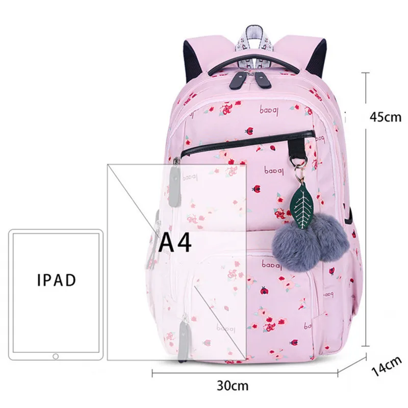 Школьный рюкзак для девочек-подростков черный розовый с плюшевыми мячиками |