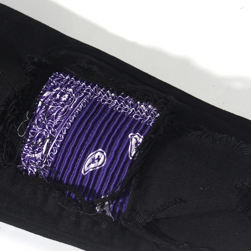 

PYJTRL Patchwork Cashew Purple Red Slim Fit Micro Elastic Jeans