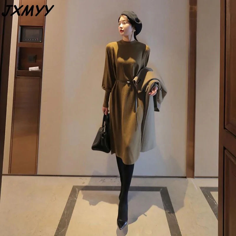 

Ladies temperament waist slimming sweater dress solid color half-high collar lantern sleeves mid-length knit dress female JXMYY