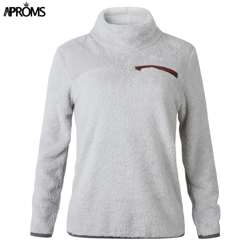 Aproms Soft Teddy Turtleneck Hoodies Women Casual Solid Zipper Sweatshirt Pullover Cool Girls Streetwear Warm Tracksuits Jumper - Цвет: Серый