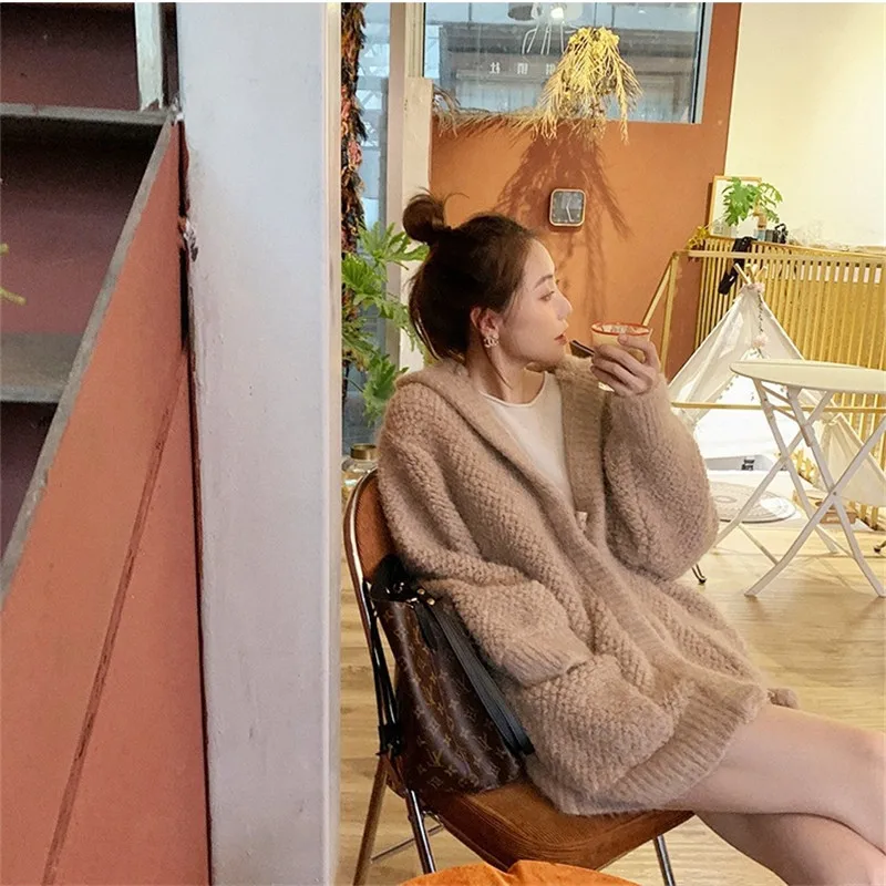 

Knitted Hooded Sweater Jacket Women Korean Version Loose Thick Autumn And Winter New Slim All Match Sweater Women Cardigan C284