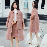 classic coat plaid wool suit autumn winter lapel long sleeve wool coats women coats high waist skirt two piece set coat female