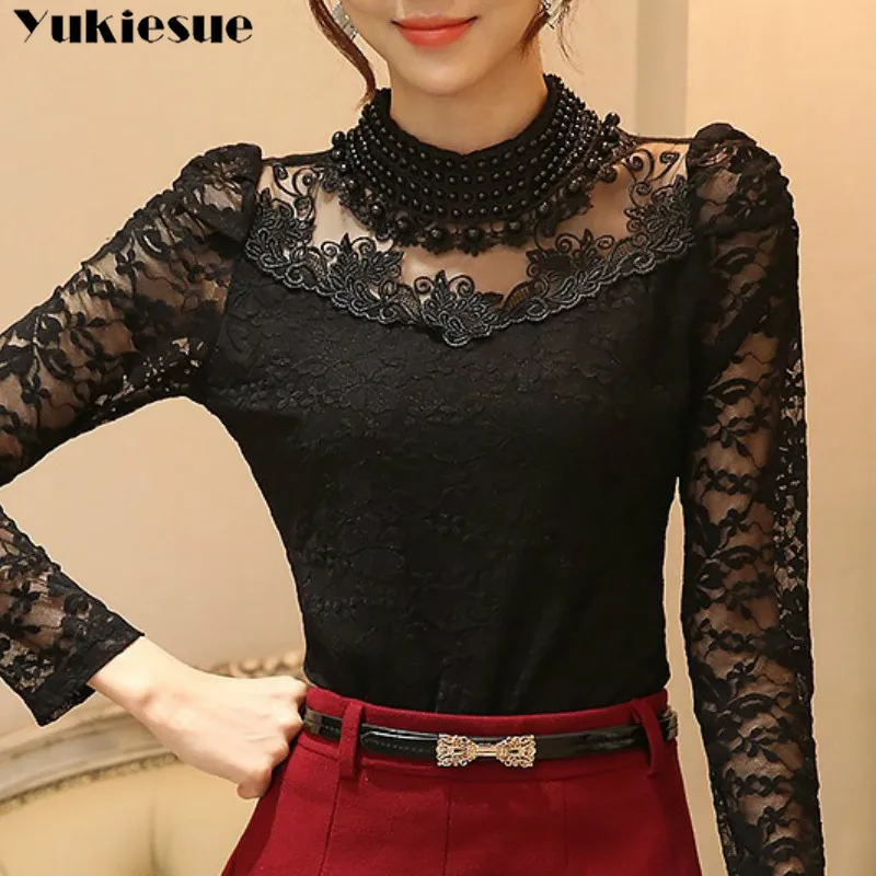 Женская кружевная блузка Элегантная с длинным рукавом боди бисером вязаные