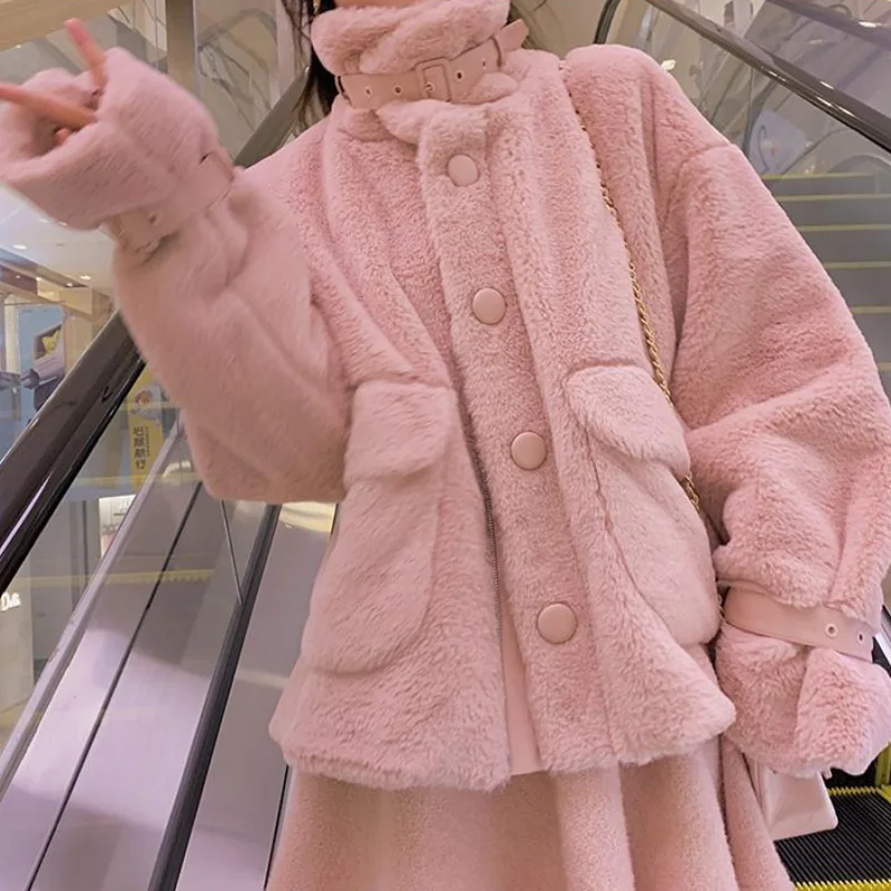Sweet Warm Pink Faux Fur Coat Women Japanese Korean Style Kawaii Teddy Trend Coats Soft Girl Cute Lolita Fur Jacket Female Coat