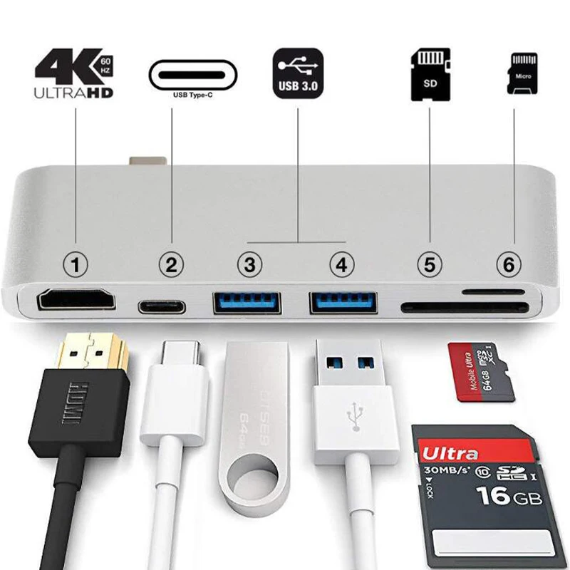 USBC к HDMI 4K 60HZ type C зарядный порт концентратор 2 USB 3,0 SD TF кард-ридер корпус из алюминиевого сплава Расширение док-станции для Macbook