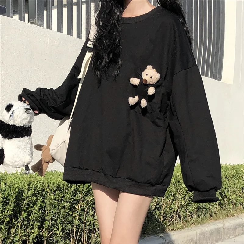 

Sweet Style Cartoon Sweatshirts Female Korean Loose Casual Long Sleeve Hoodies Women Oversized O-neck Solid Pullovers Fashion