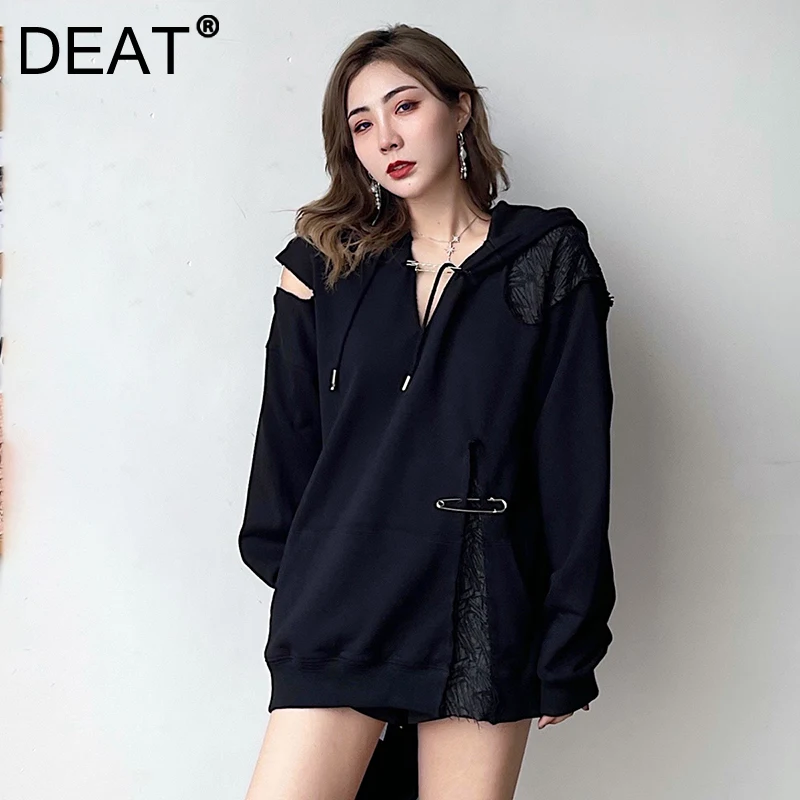 

DEAT 2021 Autumn And Winter New Korean Fashion Pocket Black Patchwork Hollow Out Temperament Women's Hoodies 7I2800