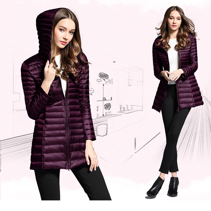 Куртка из утиного пуха с капюшоном для женщин сверхлегкая куртка средней длины