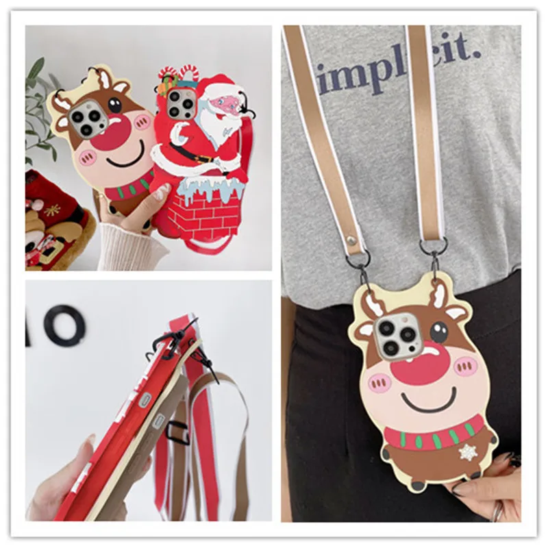 

3D Christmas Protective Cover Crossbody Lanyard Silicone Soft Shell Phone Case Capa For iPhone 13 12 11 Pro XS MAX XR X 8 7 Plus
