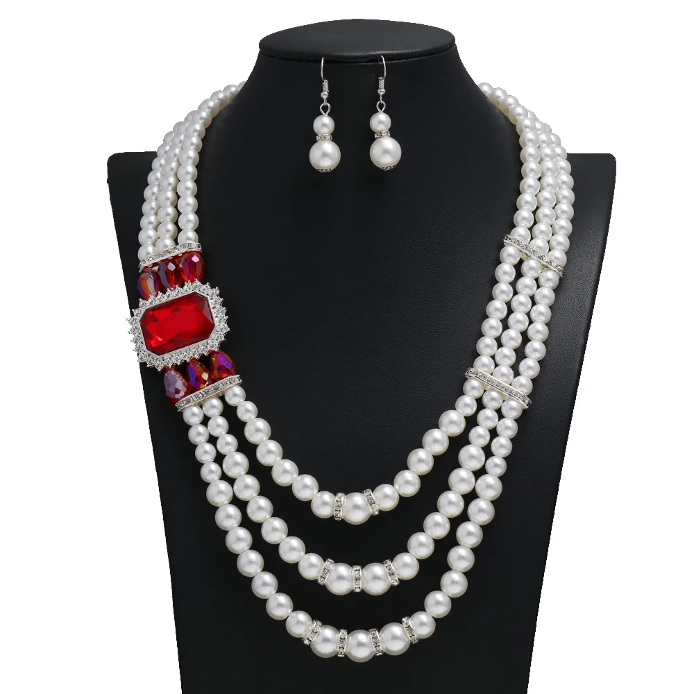 

2021 New European Clavicle Crystal Necklaces Pearl Jewelry Sets Fashion White Pearls Multi Layer Necklace for Women Earrings Set
