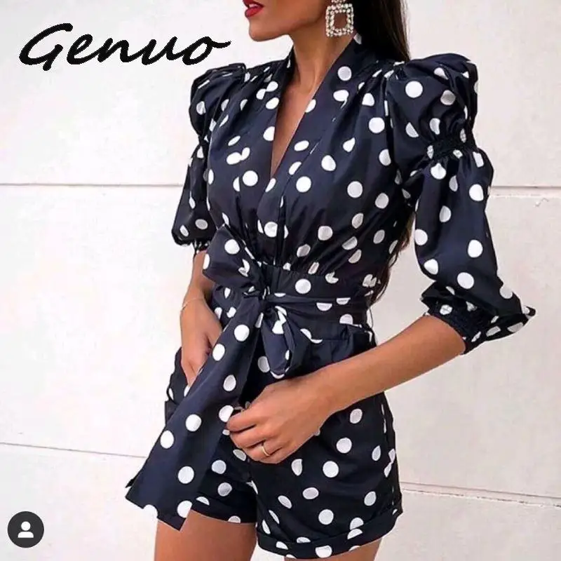 Женский винтажный короткий комбинезон Za черный в горошек с длинным рукавом и