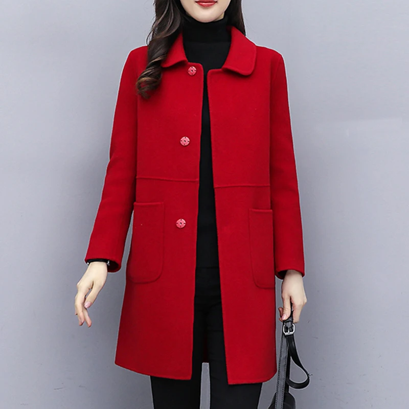

Fashion Blended Woolen Coat Women's Coat 2021 Autumn Winter Christmas Red Single-breasted Red Slim Wool Jacket Outwear Plus Size