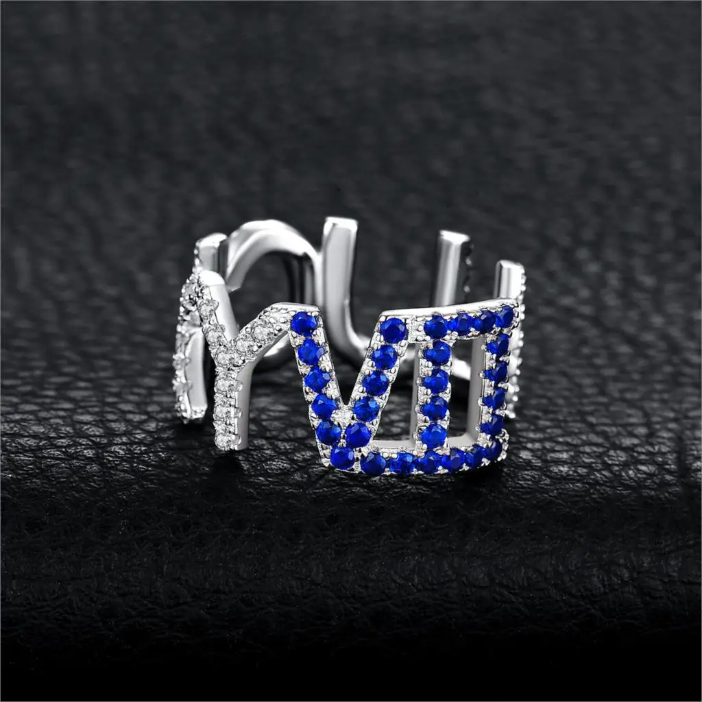 JewelryPalace создан синий шпинель фианит LUCKY VII Письмо Регулируемый Открытое кольцо 925 пробы серебряные ювелирные изделия для женщин Мода
