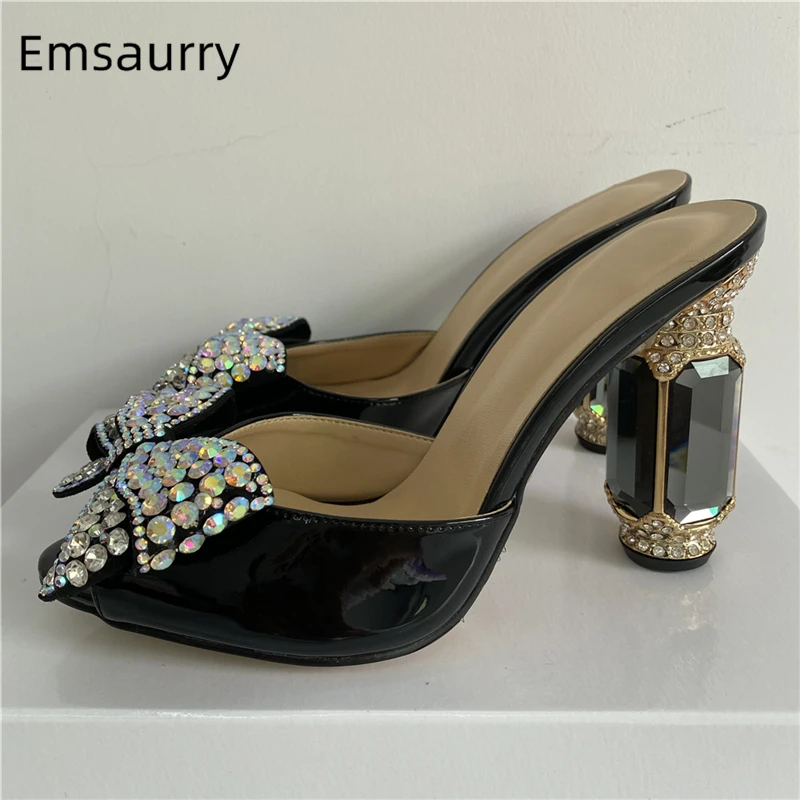 

Luxury Rhinestone Butterfly-Knot Sandals Women Diamond High Heel Slingbacks Peep Toe Beaded Flower Summer Sandalias