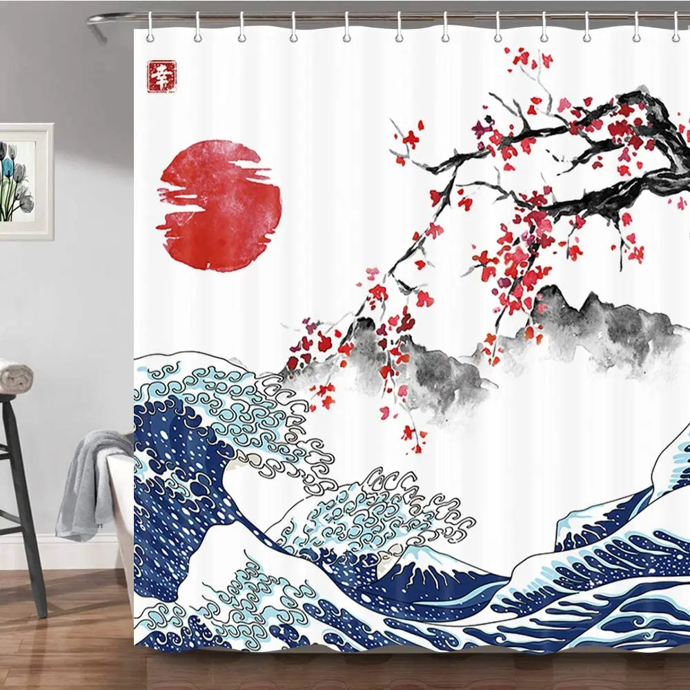 

Wave Mountain Cherry Blossom Flower Red Sun Shower Curtain Ink Landscape Print Fabric Bathroom Curtain Asian Home Bathroom Decor