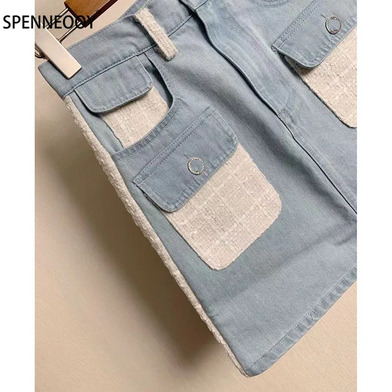 SPENNYMOOR 2021New Runway Brand Summer Mini Denim Skirt Women Crystal Button Tweed Patchwork Denim Skirt