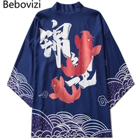 summer fashion women blue clothing jacket shirt traditional yukata haori vintage carp print japanese kimono cardigan