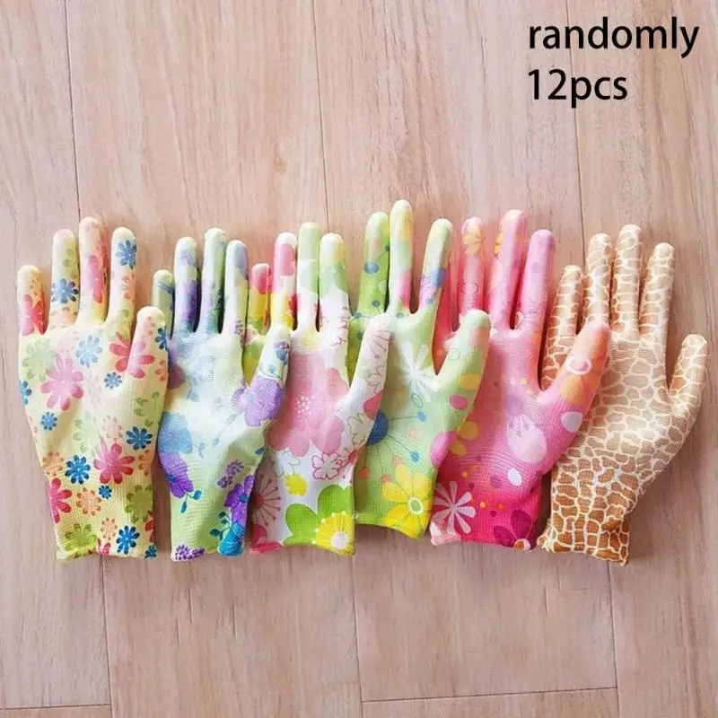 

12Pairs Random Color Durable Non-slip Gardening Gloves Garden Planting Work Colorful Printing Hand Protecter Household Gloves