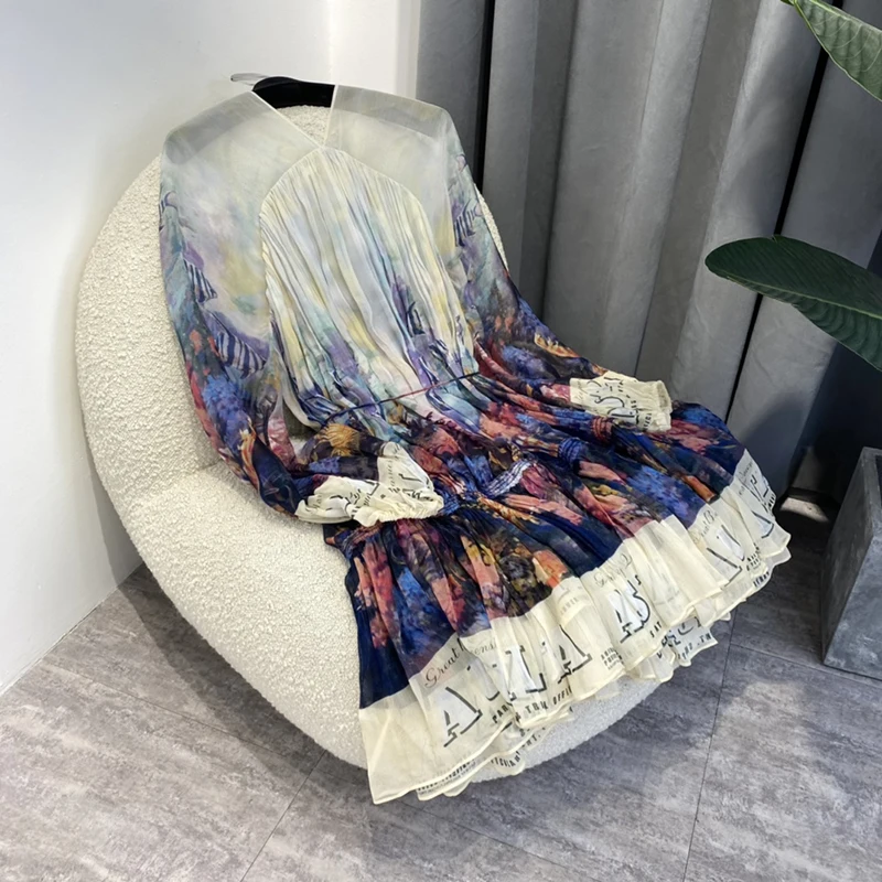 Женское свободное платье с рукавом реглан элегантное винтажное принтом