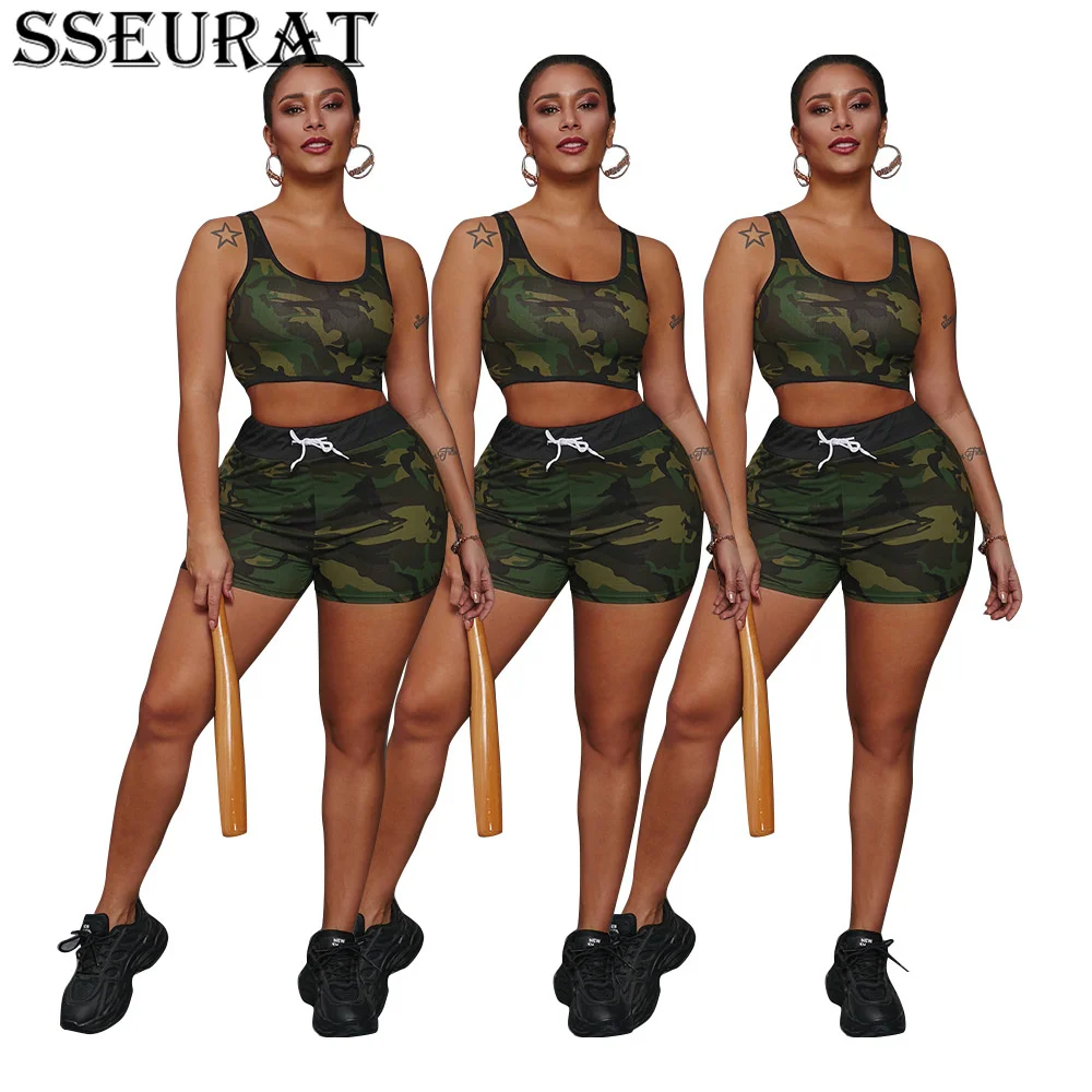 

SSEURAT Women Set Camouflage Crop Tops Drawstring Waist Shorts Two 2 Piece Sets Tracksuit Summer Outfit 2021