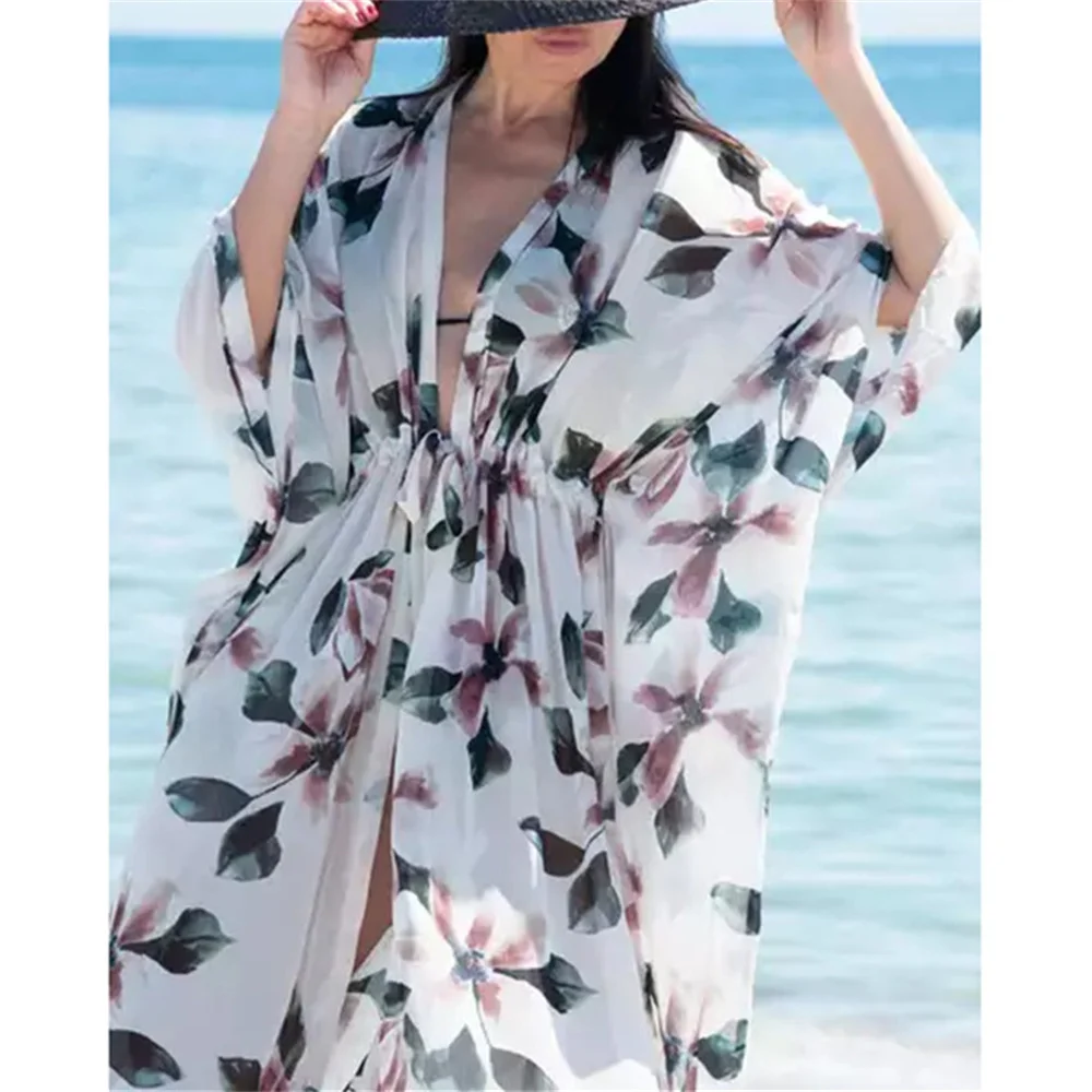 

2022 Bohemian Printed Bikini Cover-Ups Elegant Self Belted Kimono Dress Tunic Women Plus Size Beach Wear Swim Suit Cover Up