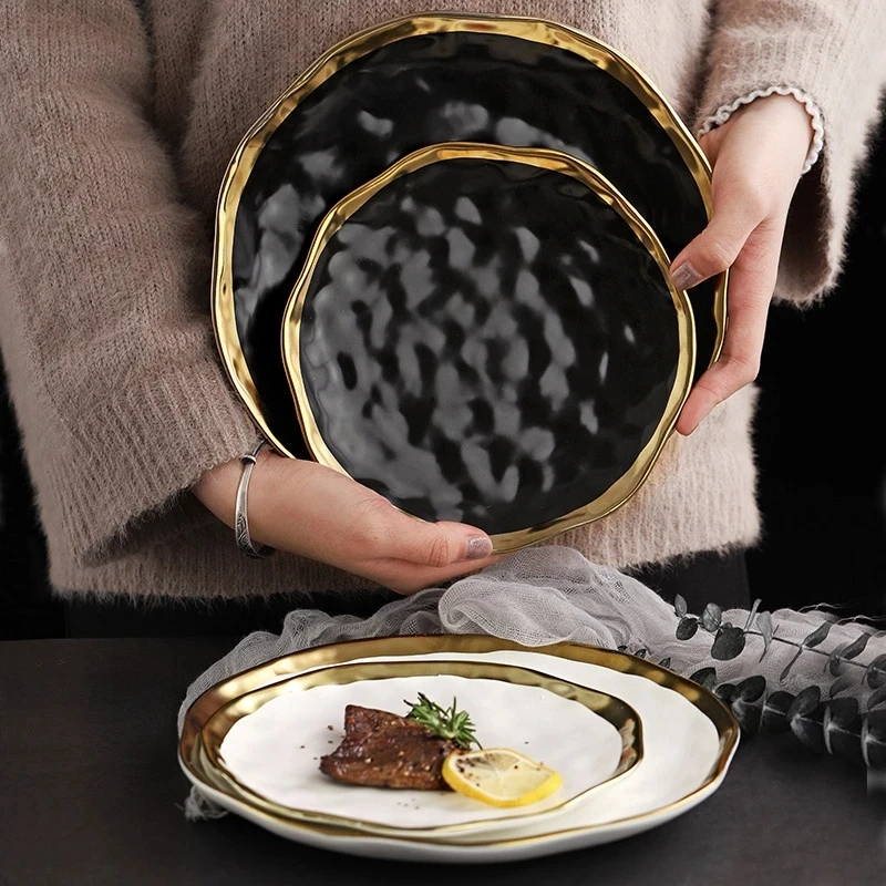 

Water Ripple Ceramic Dinner Plate Hammer Point Gold Irregular Round Steak Dessert Dish Round Tray Decoration Kitchen Tableware