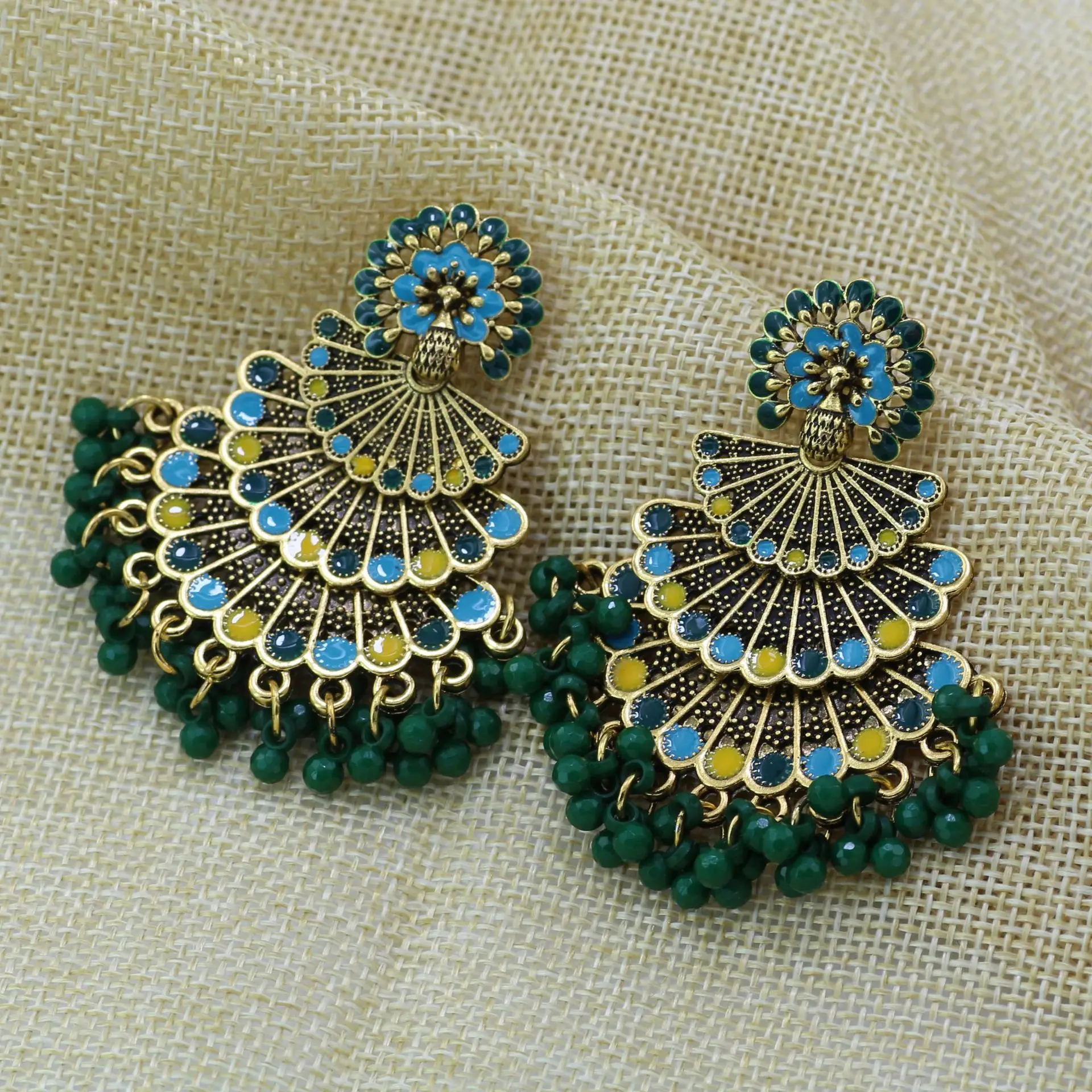 Bohemia Gypsy Retro Gold Metal Earring Rhinestone & Resin Beaded Large Dangling Earrings For Women Jhumka Indian Turk Jewelry |