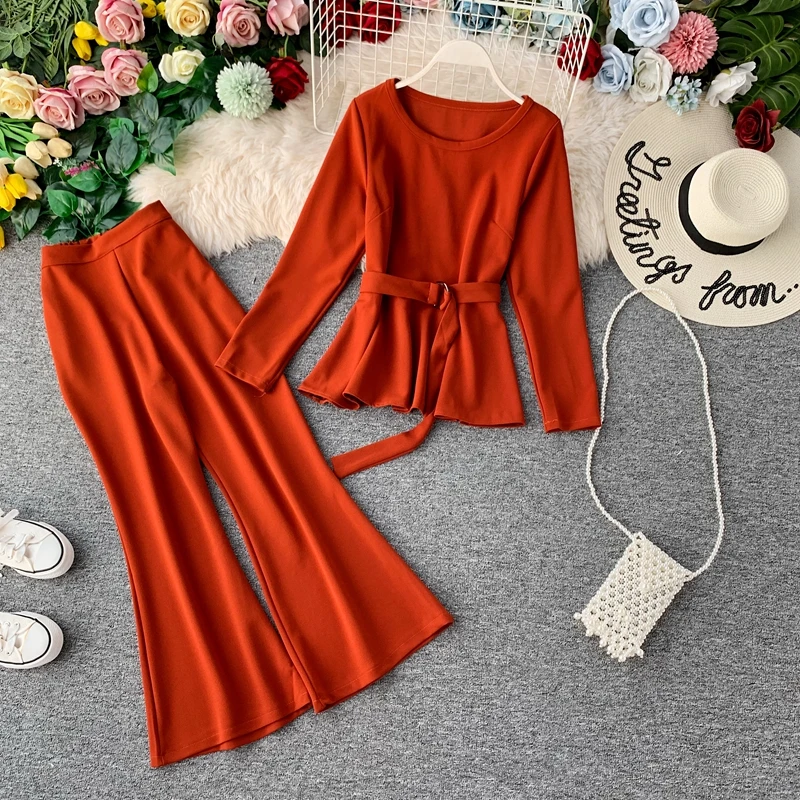 ALPHALMODA модный костюм с длинными рукавами пуловер пояс-кушак наряд+ расклешенные ноги дамы 2 шт брюки костюмы сплошной осенний комплект одежды